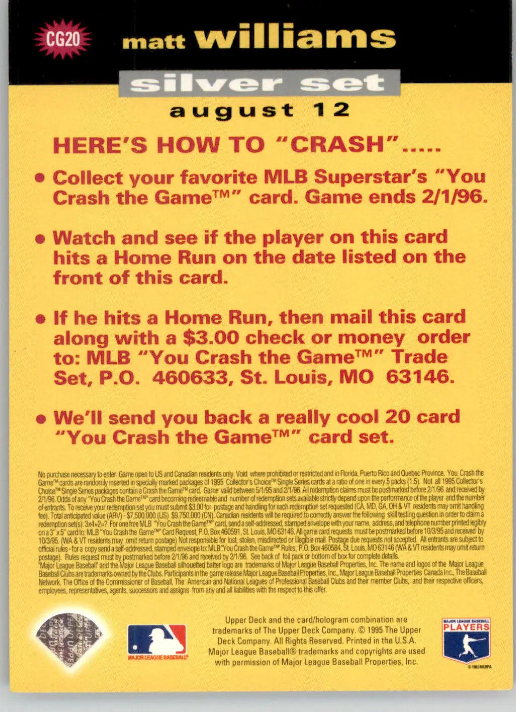 Matt Williams - 1995 Collector’s Choice - #CG20b - You Crash the Game Silver - Baseball Card Single