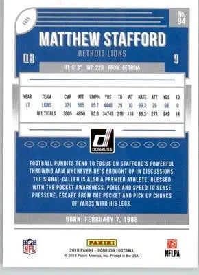 Matthew Stafford - 2018 Donruss - #94 - Football - Football Card Single