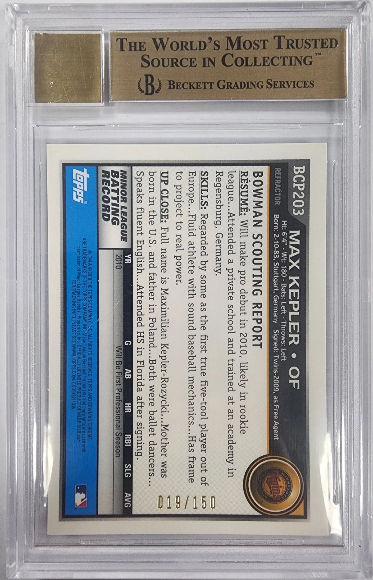 Max Kepler 2010 Bowman Chrome Blue Refractor Auto #19/150 BGS 9.5 Auto 10 - Baseball Card Single