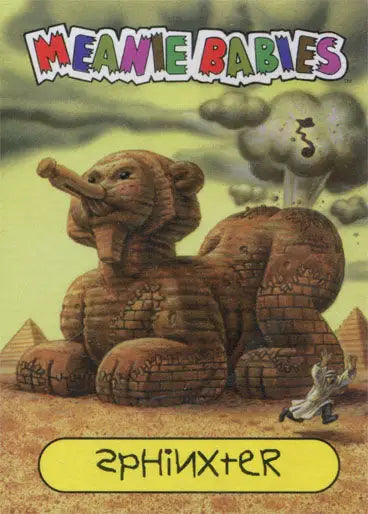 Wooden toy sphinx with cartoonish design featured in Meanie Babies promo card
