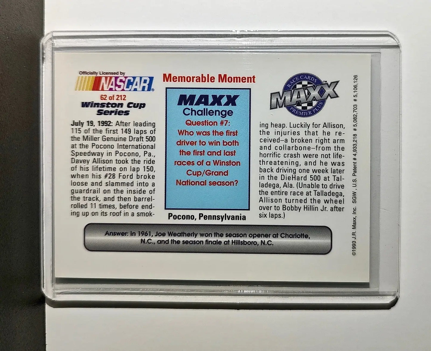 Memorable Moment 1993 Maxx Premier Plus Racing #62 NASCAR Robert Yates Racing - Racing Card Single