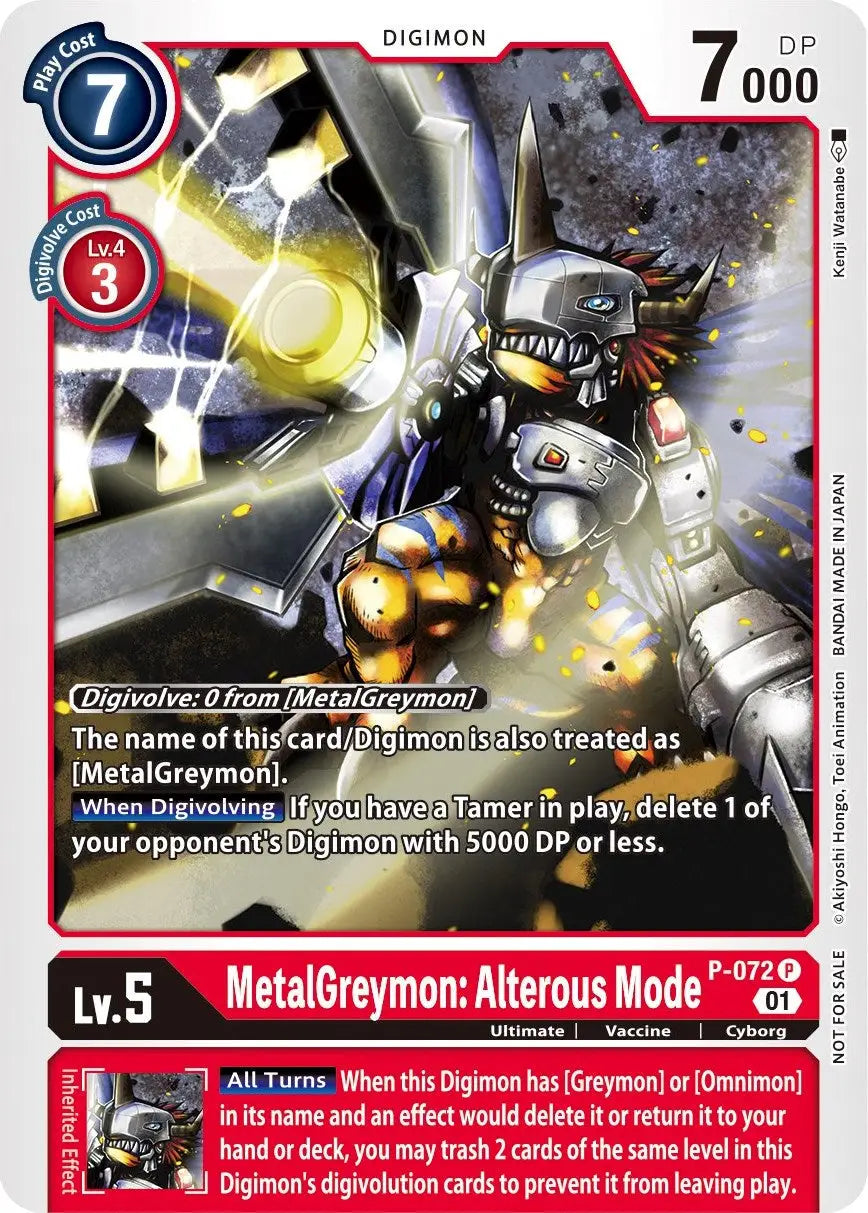 MetalGreymon Alterous Mode Digimon card P-072 featuring its digivolve cost in Update Pack