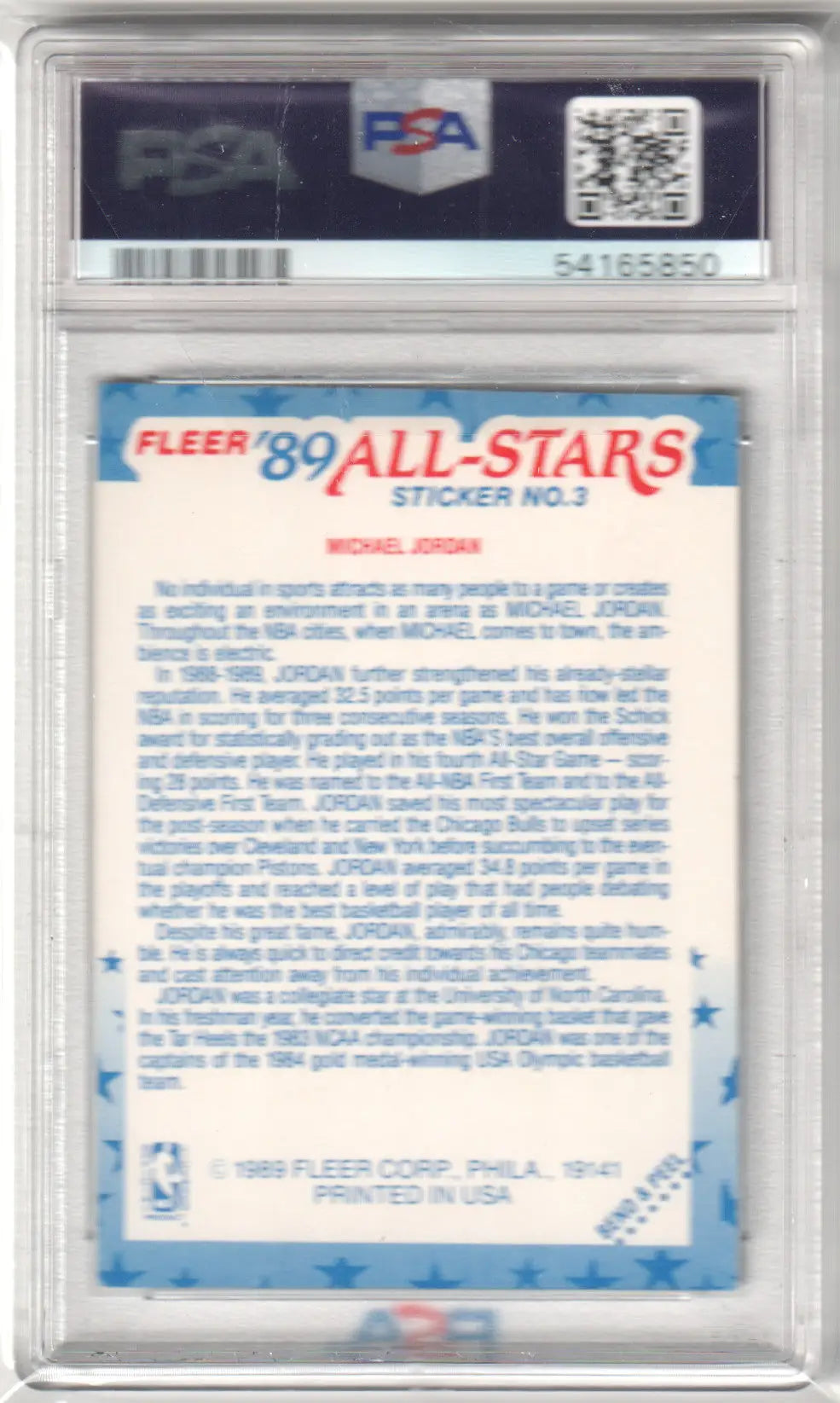 Graded Michael Jordan Fleer Sticker Card from Columbia Hobby, PSA 7 in excellent condition