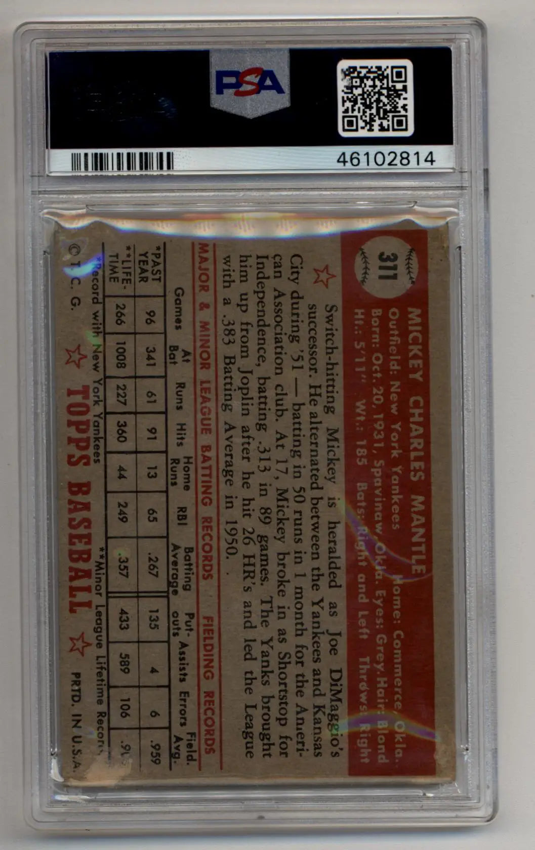 Mickey Mantle 1952 Topps Rookie #311 PSA 2 Good - Baseball Card Single