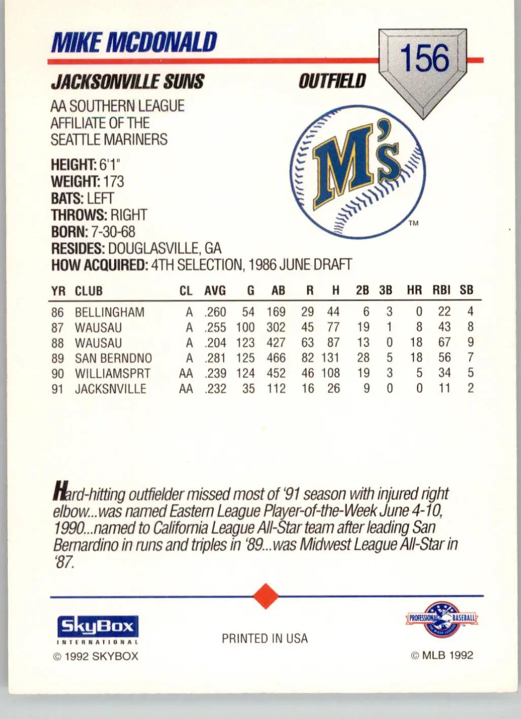 Mike McDonald - 1992 SkyBox Team Sets AA - #364 - Baseball - Baseball Card Single