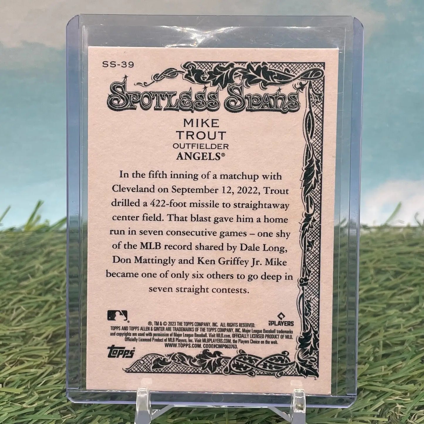 Mike Trout 2023 Topps Allen & Ginter card highlighting Spotless Spans home run streak
