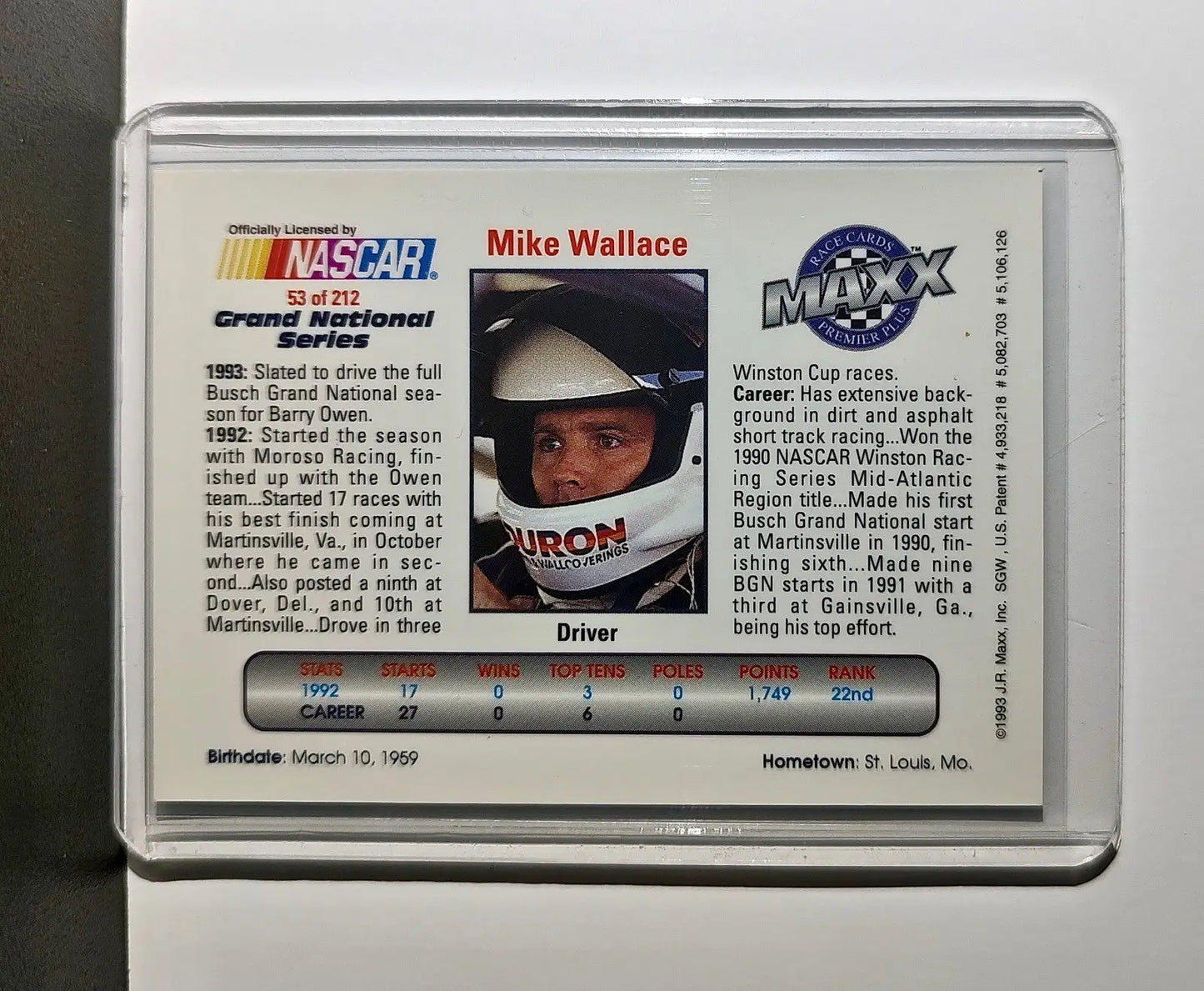 Mike Wallace 1993 Maxx Premier Plus Racing #53 NASCAR Card Owen Racing - Racing Card Single