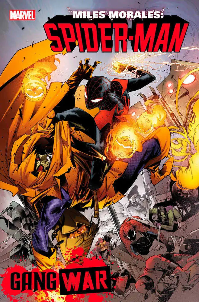 Comic book cover of Miles Morales: Spider-Man 16 showcasing action in a gang war
