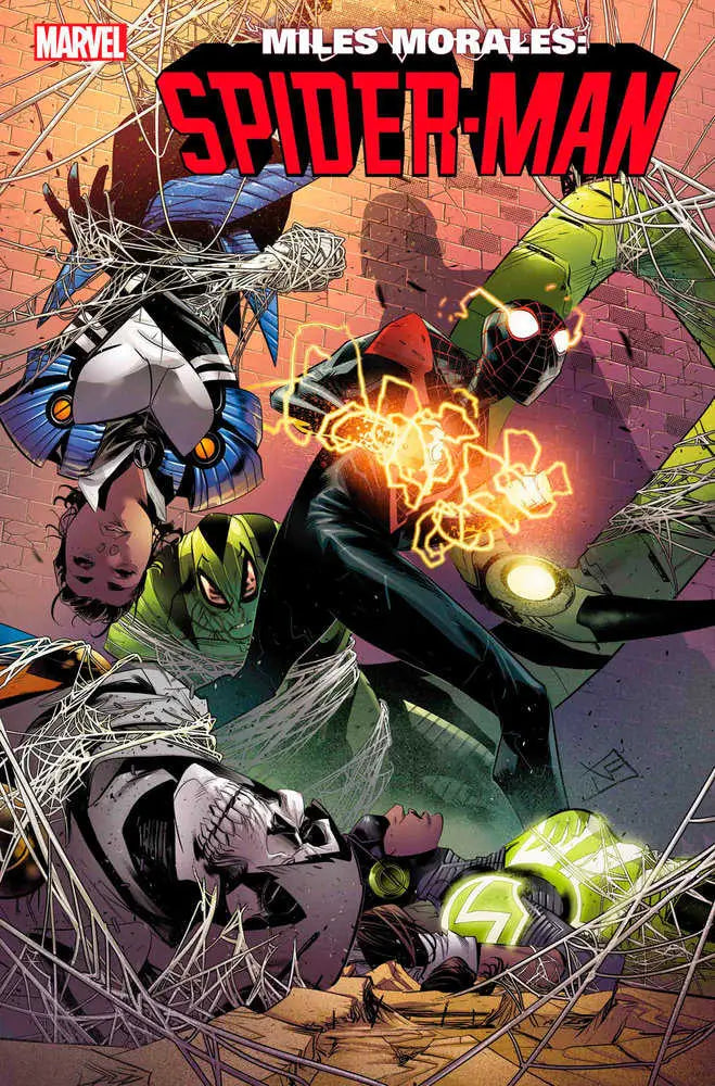 Comic book cover of Miles Morales: Spider-Man #19 in dynamic combat with villains