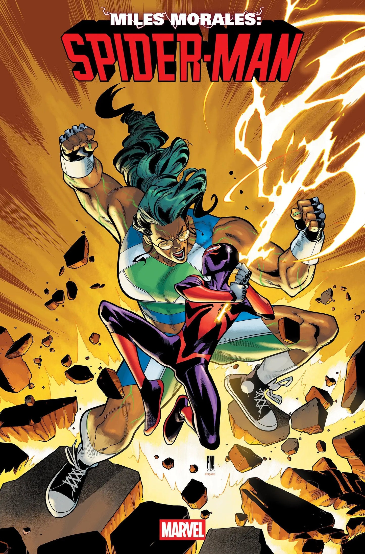 Comic book cover of Miles Morales Spider-Man Paco Medina Variant fighting a green-haired opponent