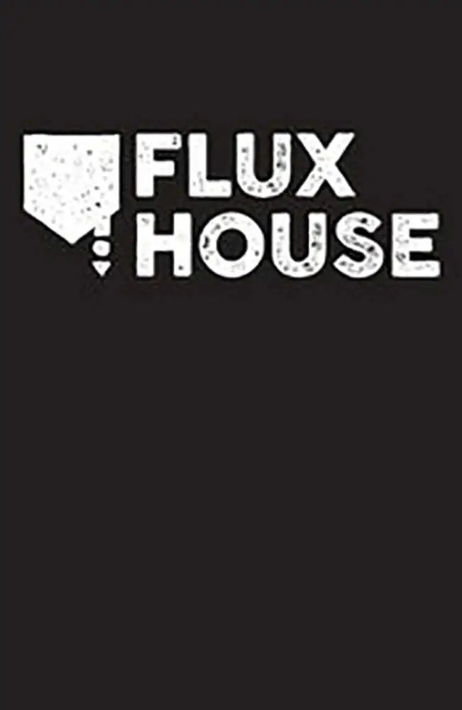 Simple black and white FLUX HOUSE logo with dripping shield for Mind Mgmt trading cards