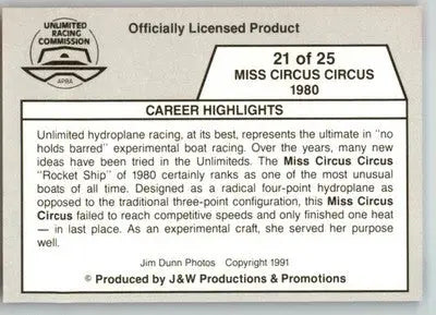 Miss Circus Circus 1980 - 1991 APBA Thunder on the Water - #21 - Racing - Racing Card Single