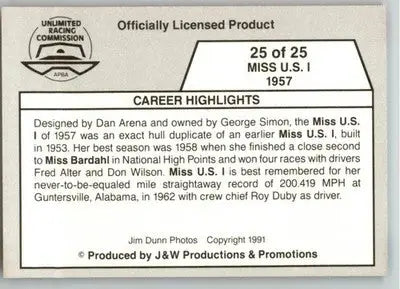 Miss U.S. I 1957 - 1991 APBA Thunder on the Water - #25 - Racing - Racing Card Single