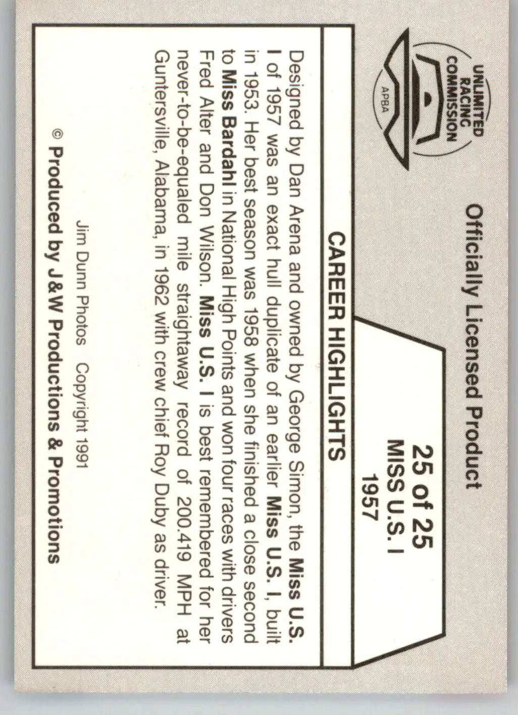 Miss U.S. I 1957 - 1991 APBA Thunder on the Water - #25 - Racing - Racing Card Single