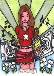 Cartoon woman in red top with star, music notes on Mixtape 5finity JAM Sketch Card by Andy Perez