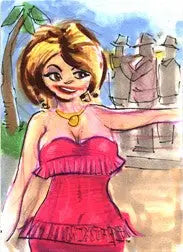 Cartoon-style woman in red frilly top on Mixtape 5finity JAM Sketch Card by Ed Bickford