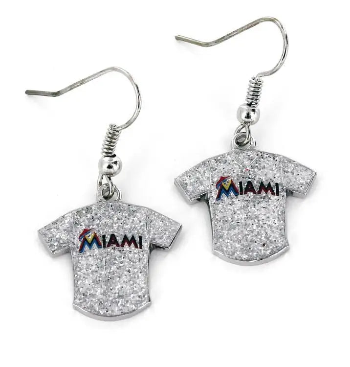 Silver glitter jersey earrings shaped like Miami baseball jerseys for MLB fans
