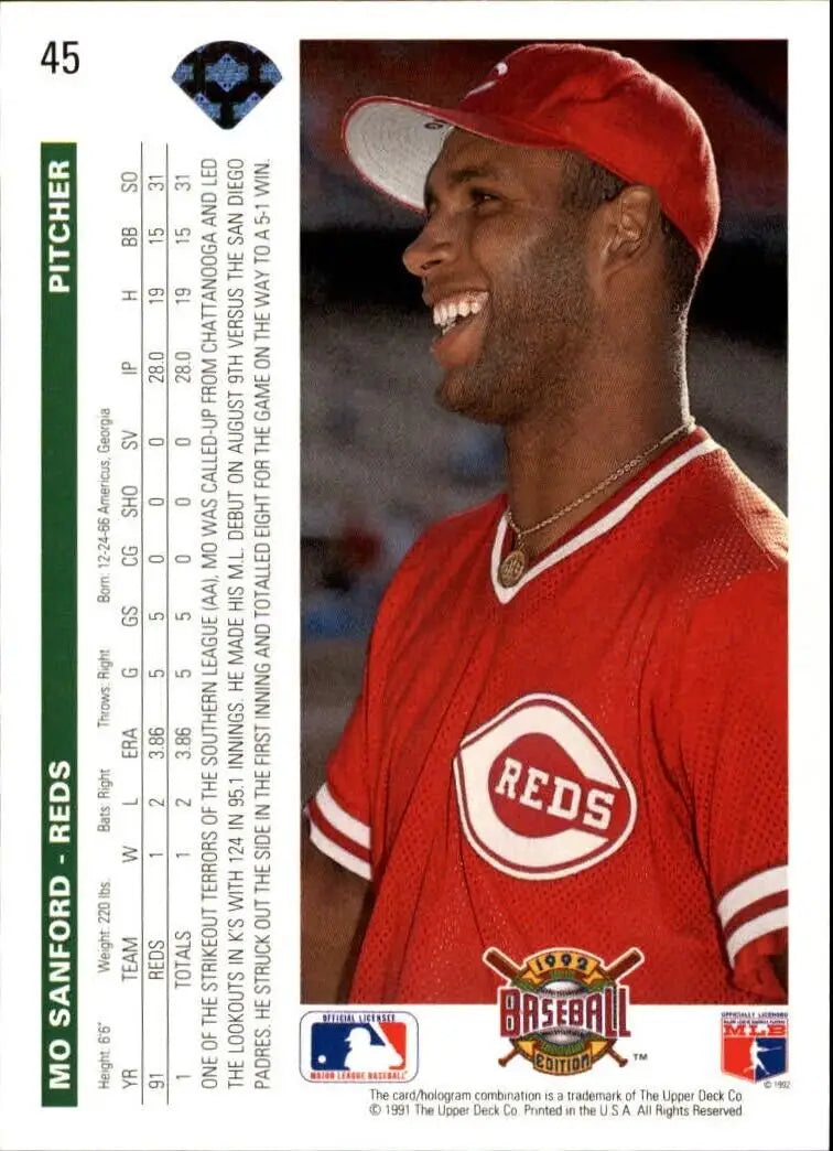 Mo Sanford 1992 Upper Deck MLB #45 Baseball Card Cincinnati Reds