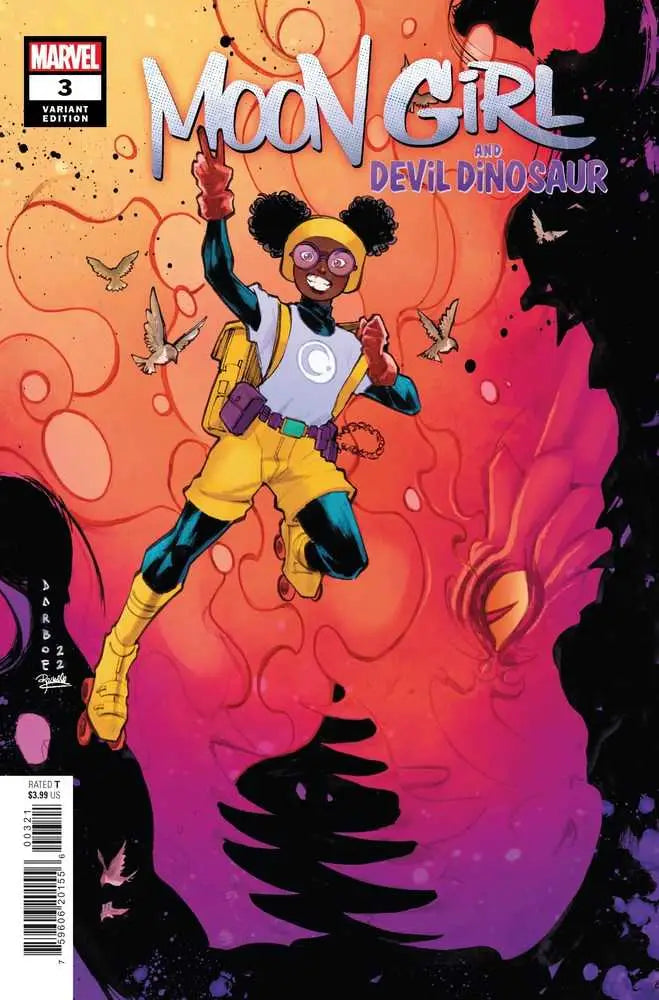 Comic book cover of Moon Girl and Devil Dinosaur #3 featuring a vibrant young superhero