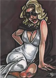 Stylized illustration of a blonde woman in a white dress on Moonstone sketch card by Amber Shelton