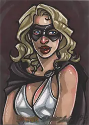 Stylized blonde woman in black mask and cape from Amber Shelton sketch card trading card