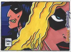 Stylized pop art sketch card by Dave Windett featuring contrasting faces and bold colors