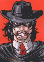 Cartoon portrait of a scowling man on Moonstone Domino sketch card by Fer Galicia