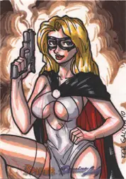 Blonde woman in superhero costume with gun on Moonstone Domino Lady sketch card by Fer Galicia