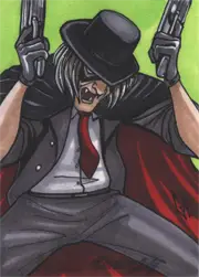 Stylized cartoon character in suit and hat wielding guns on Glen Fernandez sketch card