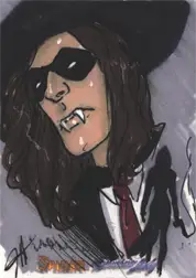 Stylized sketch card of a person with sunglasses and red tie by Jessica Hickman