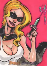 Cartoon-style blonde woman with sunglasses and gun on Moonstone Domino sketch card