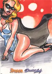 Stylized pin-up blonde in blue swimsuit on Moonstone Domino sketch card design