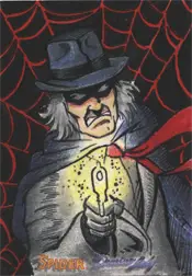 Shadowy figure in a hat with glowing pendant on Moonstone Domino sketch card by Robin Thompson