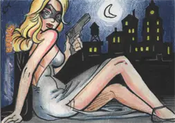Stylized sketch card of a blonde woman in white holding a gun by Robin Thompson