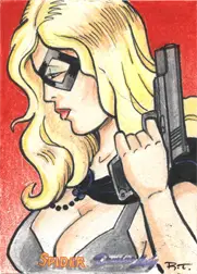 Stylized illustration of blonde woman with mask and gun on Moonstone Domino sketch card by Robin Thompson