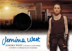 Autographed Jemima West trading card with maroon tank top and cityscape backdrop