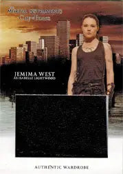 Trading card of Jemima West in tank top with city backdrop from Mortal Instruments