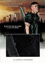 Trading card of Kevin Durand in a leather jacket with fabric swatch attached