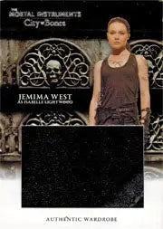 Jemima West trading card with portrait and black fabric swatch from Mortal Instruments