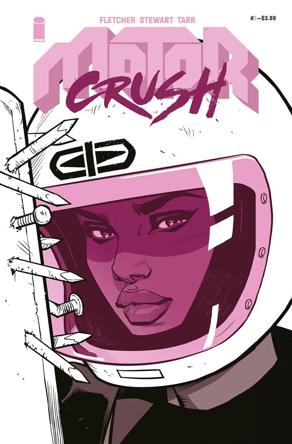 Pink and white comic book cover for Motor Crush 5 Var B featuring motorcycle helmet