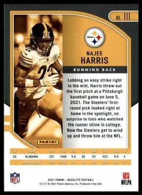 Najee Harris Rookie 2021 Panini Absolute Retail #111 Pittsburgh Steelers - Football Card Single