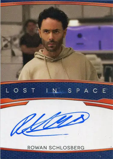 Autographed trading card of Rowan Schlosberg in beige hoodie from Lost in Space series