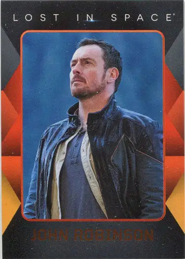 John Robinson portrait in black leather jacket for Netflix trading card collection
