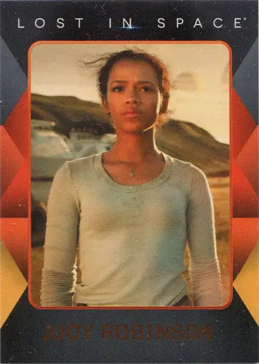 Young woman as Judy Robinson in Netflix Lost in Space trading card against desert backdrop