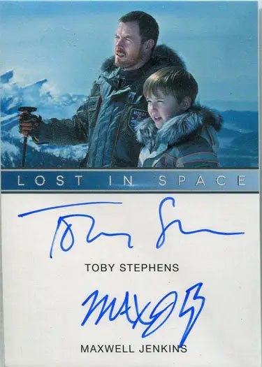 Autographed Netflix Lost in Space trading card featuring Toby Stephens and Max Jenkins