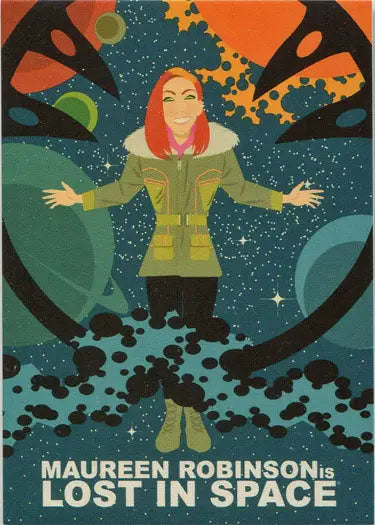 Stylized retro Netflix poster of Maureen Robinson, a Juan Ortiz character, in cosmic setting