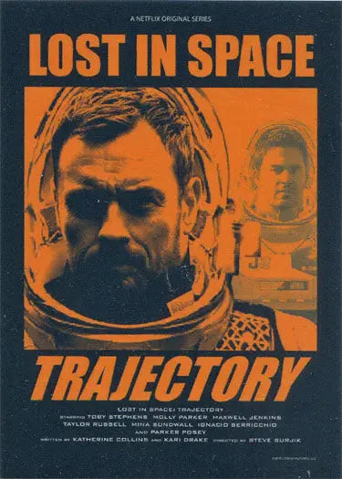 Movie poster for Lost in Space Trajectory by Juan Ortiz featuring astronauts in helmets