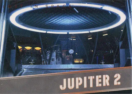 Futuristic Jupiter 2 cargo bay garage interior with illuminated ceiling in Chase Card