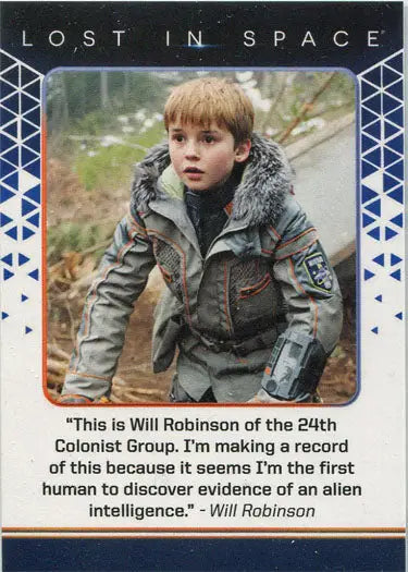 Young boy in fur-lined winter jacket showcasing Netflix Lost in Space chase card