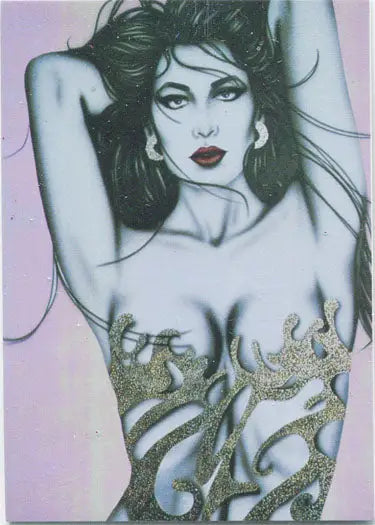 Stylized portrait of a woman with dramatic makeup for New American Pin-Up promotional card